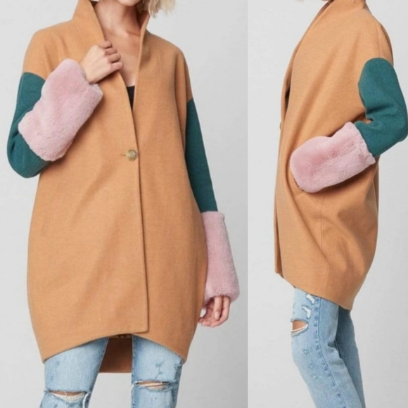 Blanknyc denim faux fur cuff colorblock coat Clearance